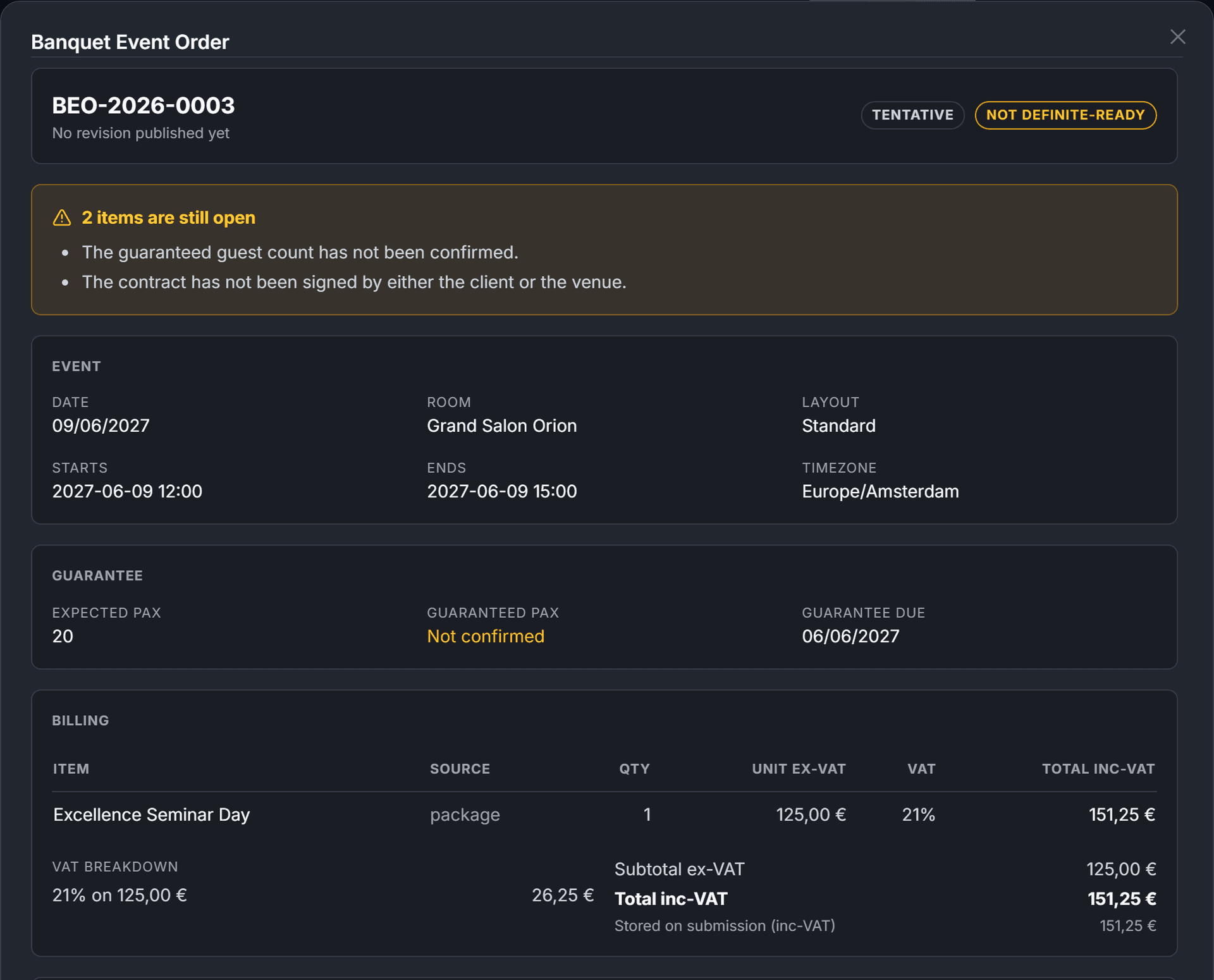 A banquet event order in AirPlate AI