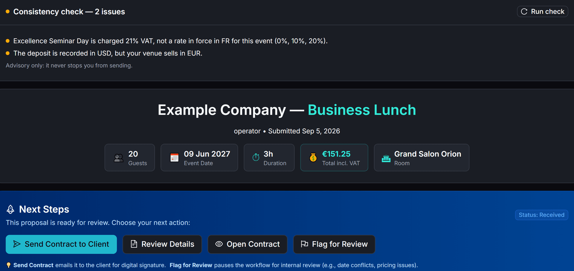 The booking page of an event request in AirPlate AI